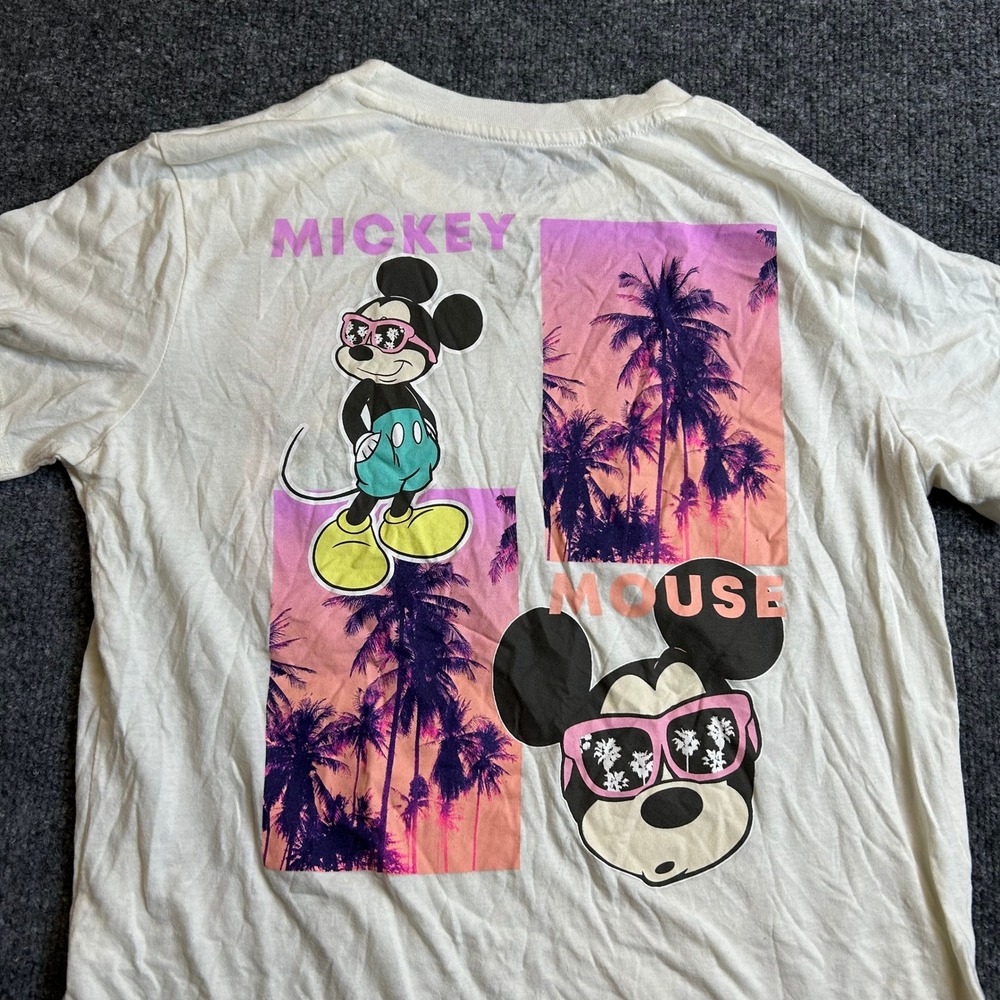 Disney T-Shirt Womens Size S White Mickey Mouse Tropical Palm Tree Graphic Tee